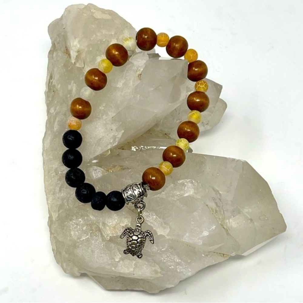 Beaded Bracelet Wood Crackle Glass Lava Silver Bead W. Turtle Charm Stackable 9”